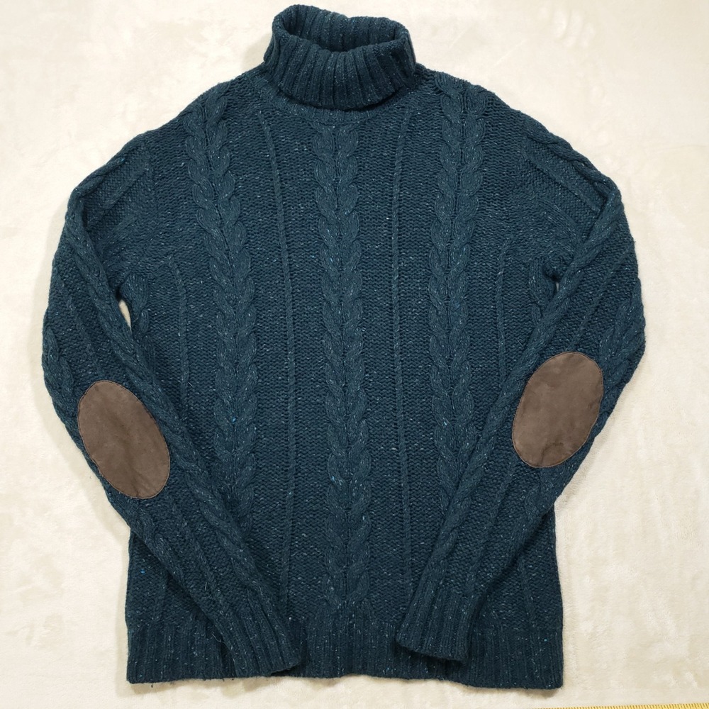 Todd‎ Snyder Sweater Men Medium Teal Blue Wool Cable Knit Turtleneck Elbow Patch